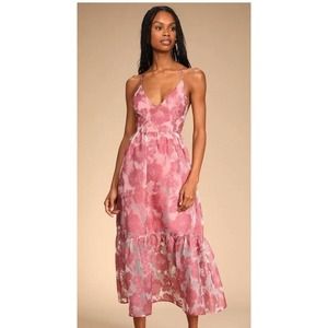 Lulus Feeling Like Forever Rose Jacquard Organza Lace-Up Midi Dress S
